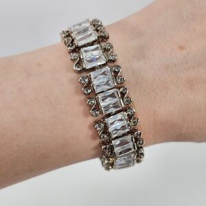 Vintage Clear Baguette Rhinestone Wide Link Bracelet 7 Inch